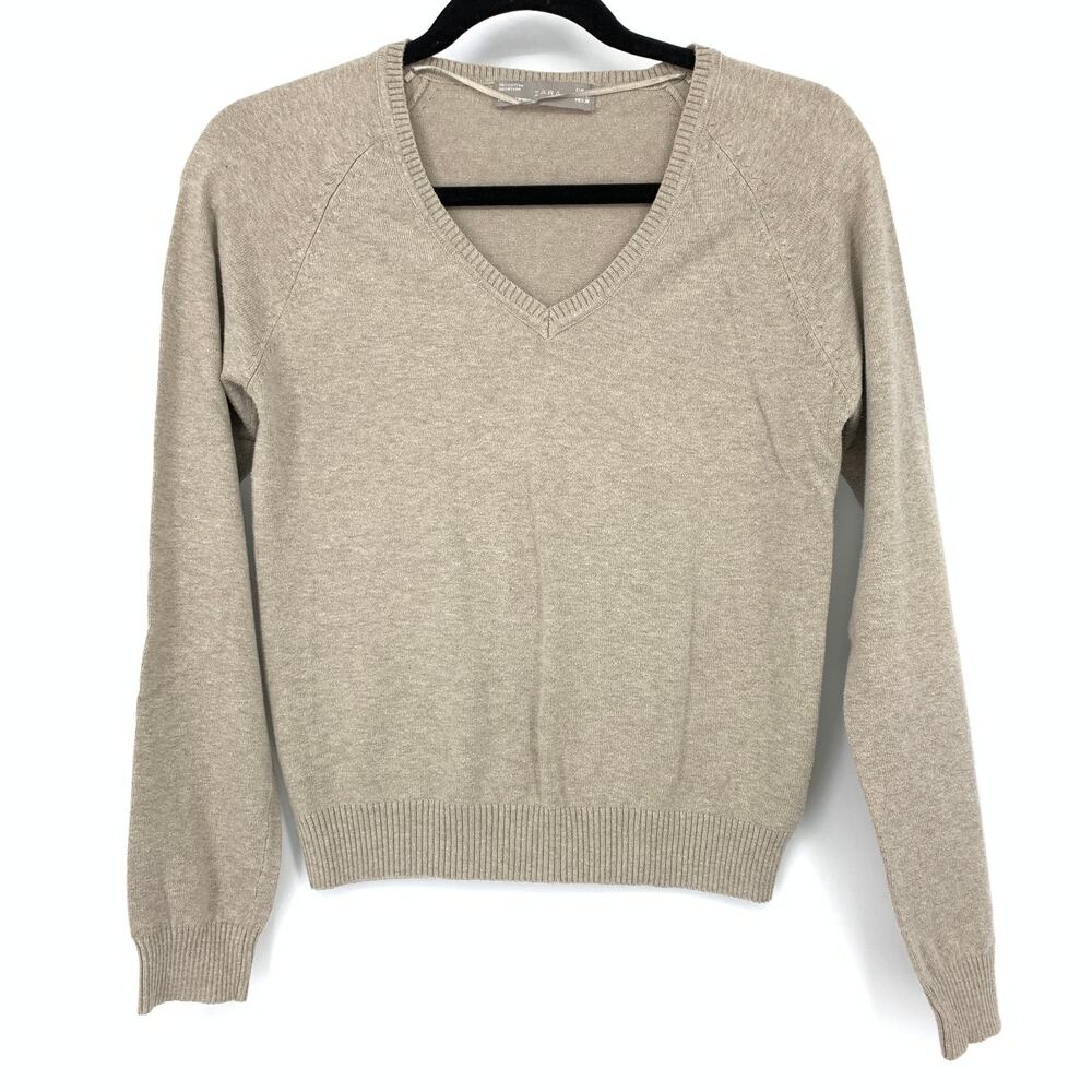 Zara Pullover V-Neck Sweater Womens Size Large Beige Cotton Blend Long Sleeve